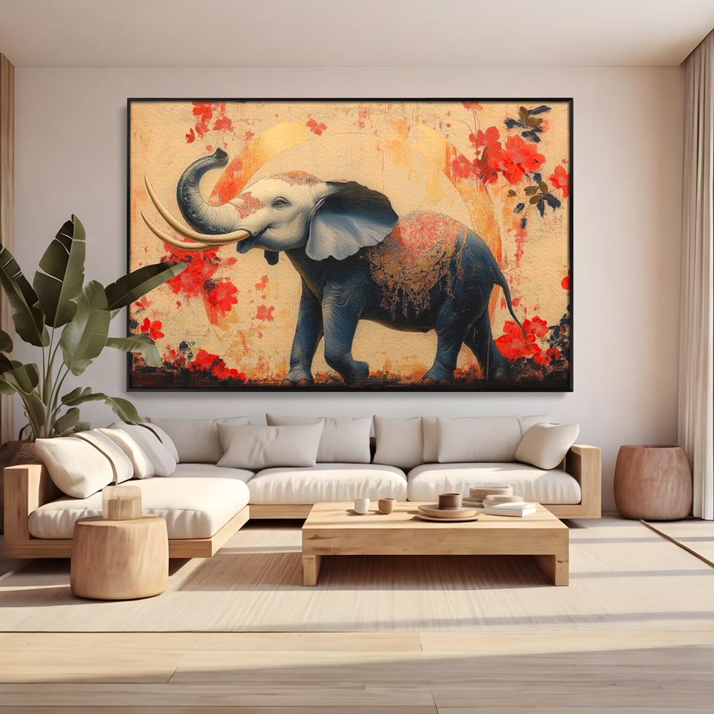 Tablou canvas cu tablou canvas cu elefant albastru, in rama de aluminiu negru, pe perete intr-un living
